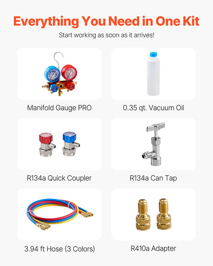 3.5 CFM HVAC single stage rotary vane vacuum pump and manifold gauge set compatible with R134a, R22, R12, R502, R502, R410A, R404 and R407C refrigerants