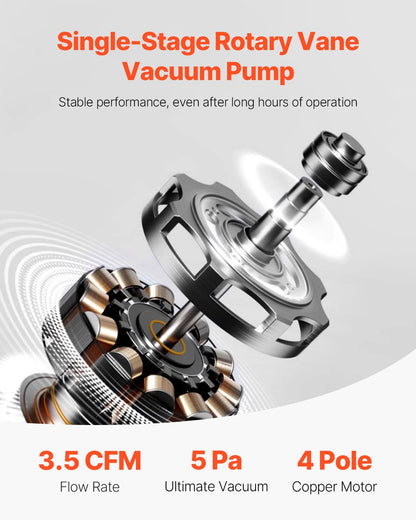 3.5 CFM HVAC single stage rotary vane vacuum pump and manifold gauge set compatible with R134a, R22, R12, R502, R502, R410A, R404 and R407C refrigerants
