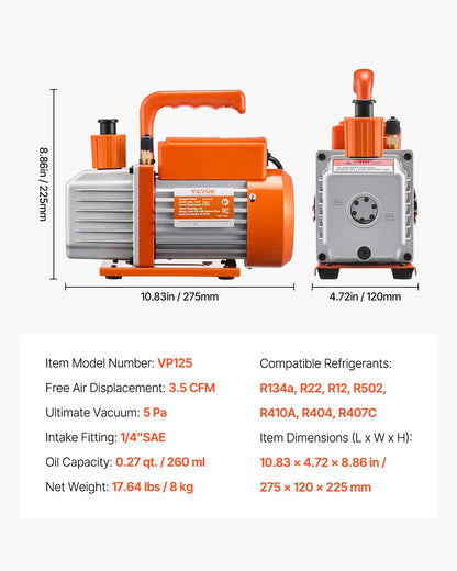 3.5 CFM HVAC single stage rotary vane vacuum pump and manifold gauge set compatible with R134a, R22, R12, R502, R502, R410A, R404 and R407C refrigerants