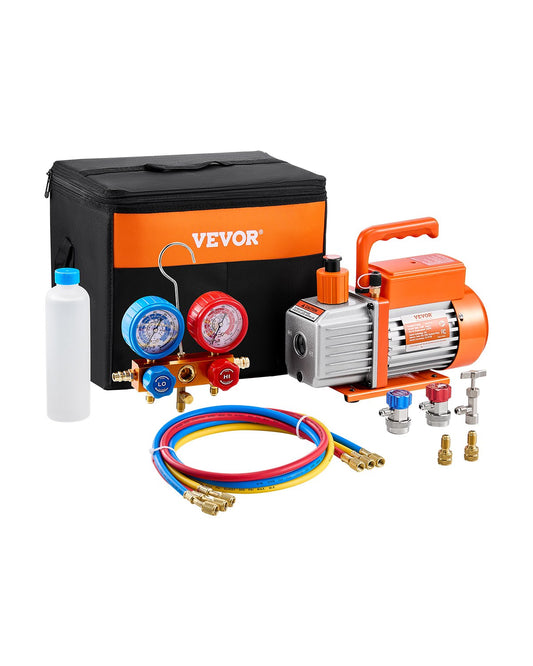 3,5 CFM HVAC einstufige Drehschieber-Vakuumpumpe und Manometersatz, kompatibel mit den Kältemitteln R134a, R22, R12, R502, R502, R410A, R404 und R407C