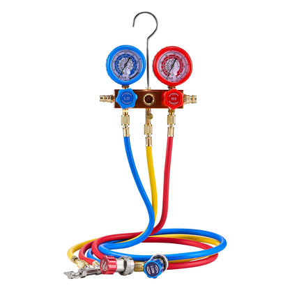 3.5 CFM HVAC single stage rotary vane vacuum pump and manifold gauge set compatible with R134a, R22, R12, R502, R502, R410A, R404 and R407C refrigerants