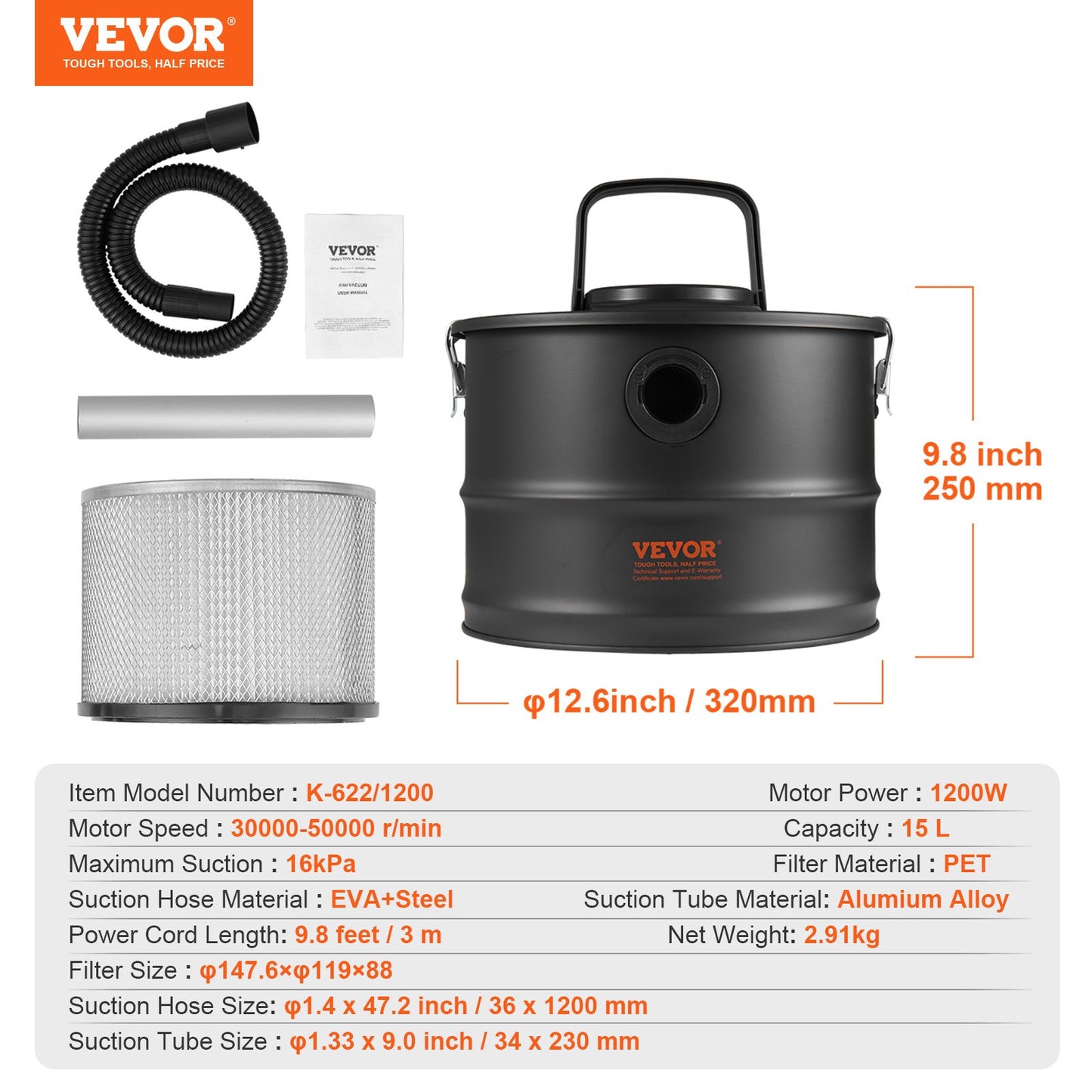 Aschesauger 15L 1200W für Kamine Pelletöfen Grills BBQ