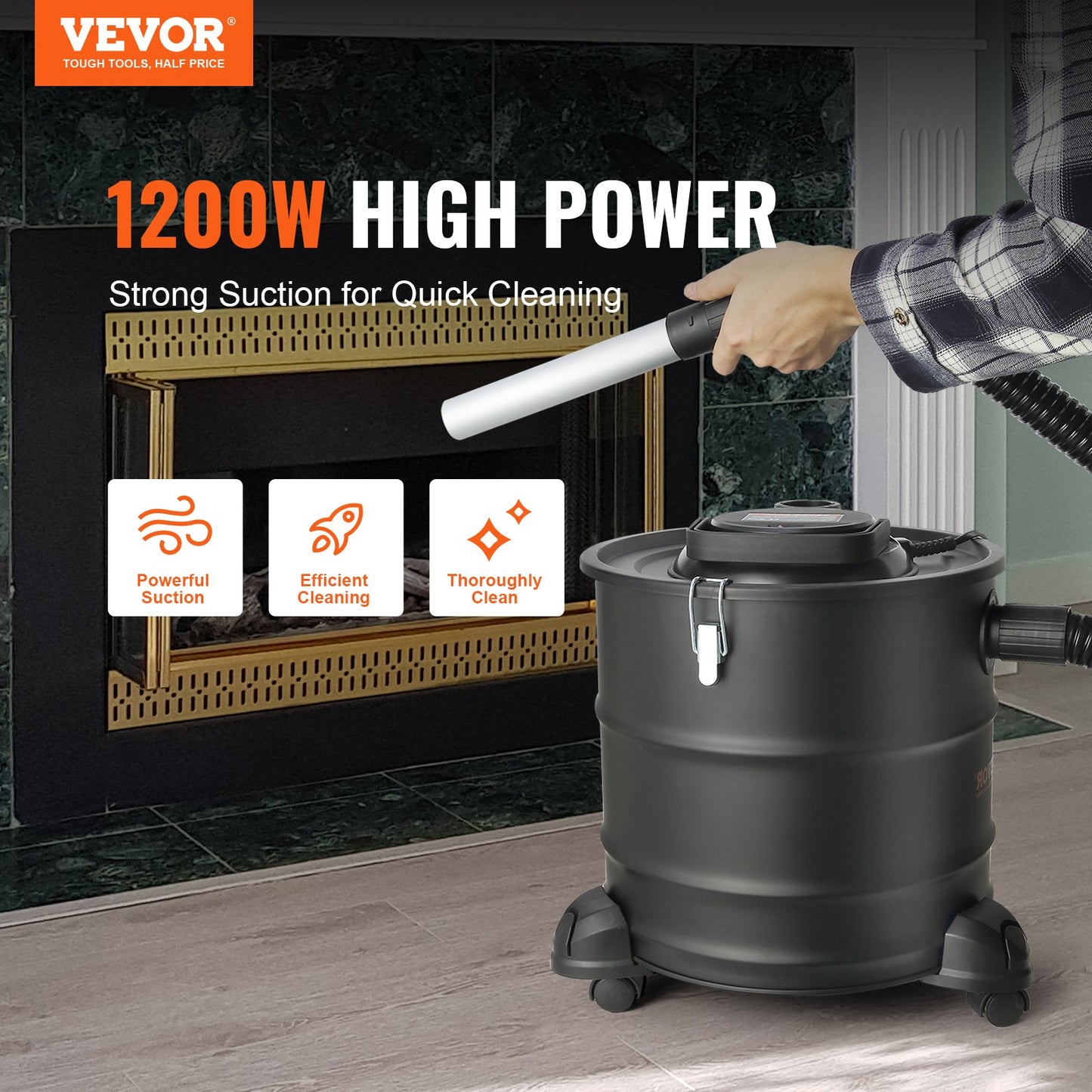 Aschesauger, 20 L mit 1200W starker Saugleistung, Aschesauger mit 1,2 M flexiblem Schlauch und Rädern, für Kamine, Pelletöfen, Holzöfen, Holzherde, Grills, Pizzaöfen, Kamine