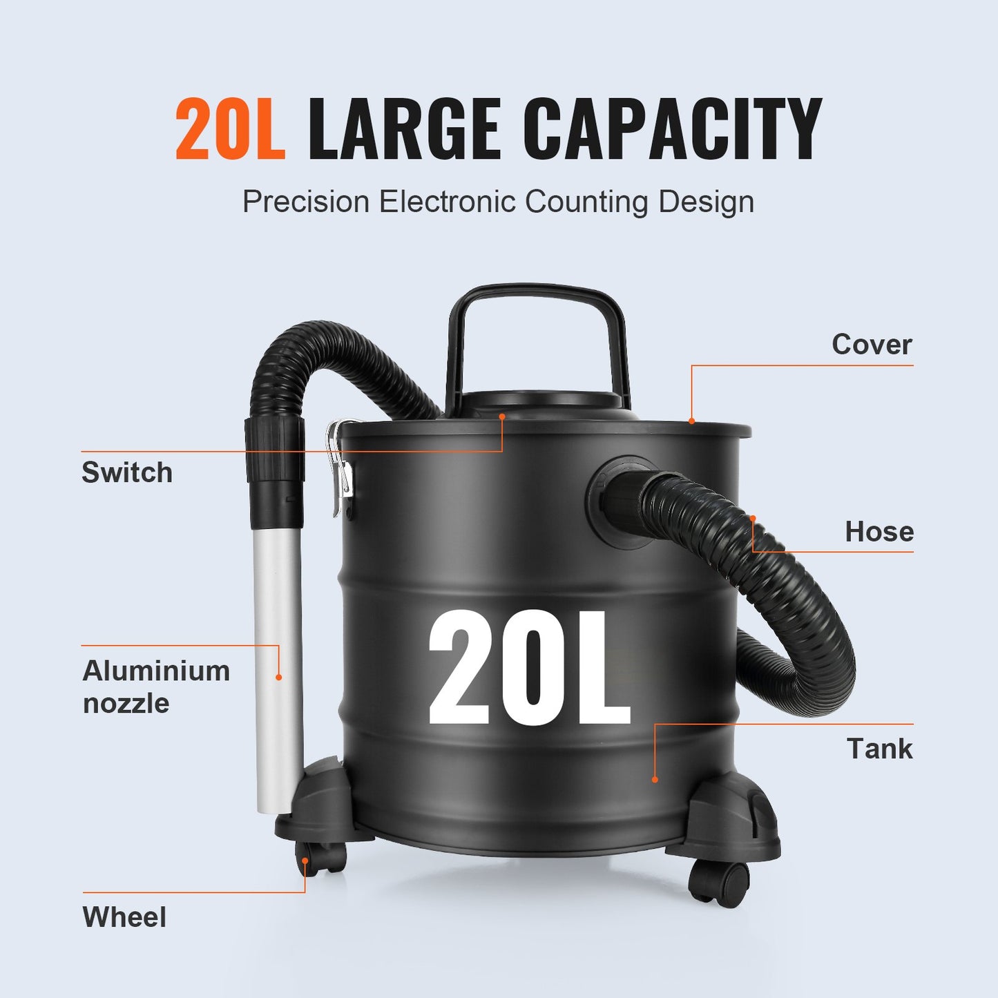 Aschesauger, 20 L mit 1200W starker Saugleistung, Aschesauger mit 1,2 M flexiblem Schlauch und Rädern, für Kamine, Pelletöfen, Holzöfen, Holzherde, Grills, Pizzaöfen, Kamine