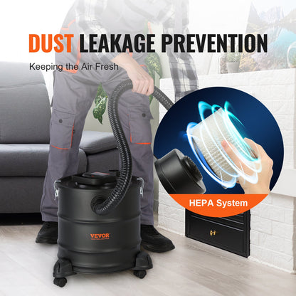 Aschesauger, 20 L mit 1200W starker Saugleistung, Aschesauger mit 1,2 M flexiblem Schlauch und Rädern, für Kamine, Pelletöfen, Holzöfen, Holzherde, Grills, Pizzaöfen, Kamine