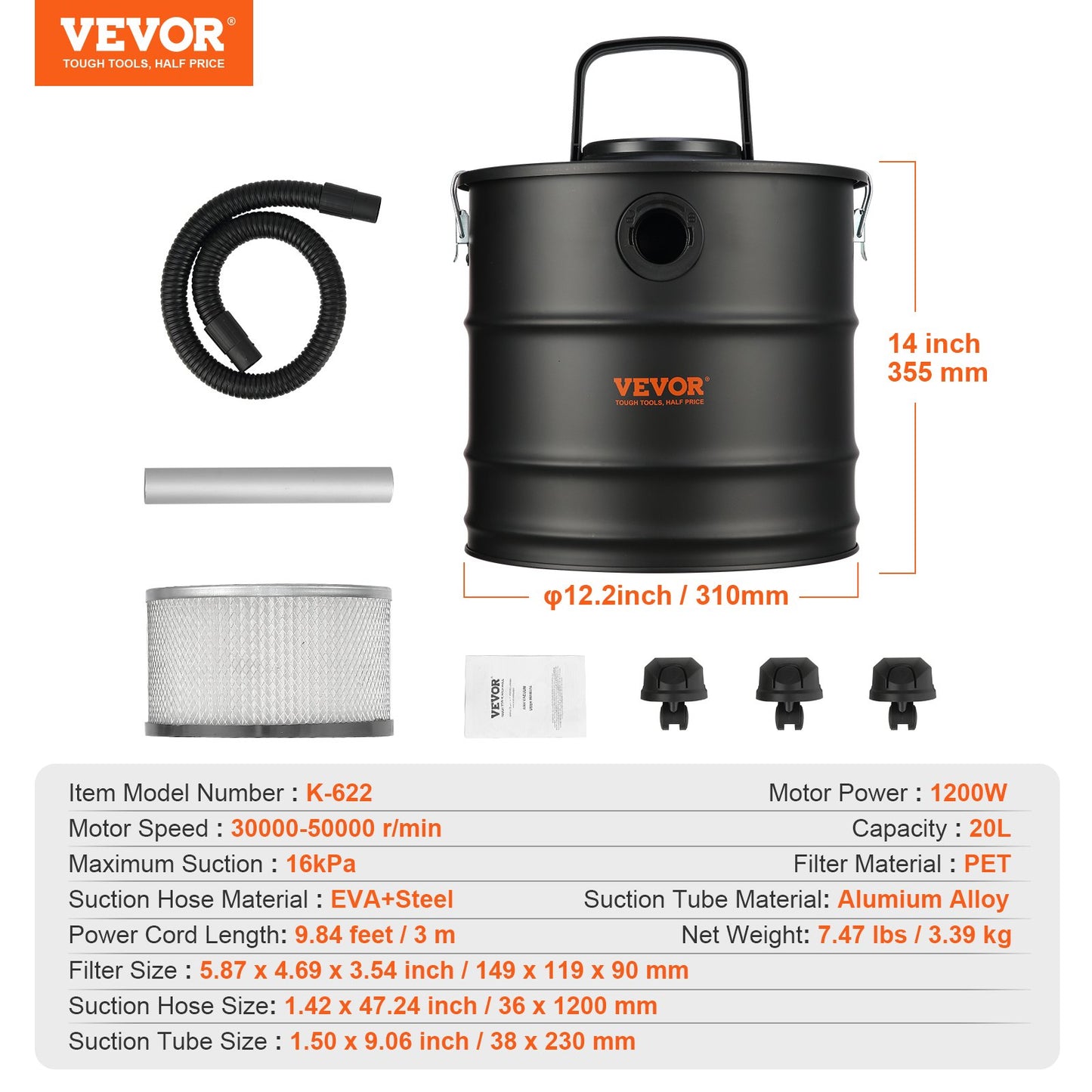 Aschesauger, 20 L mit 1200W starker Saugleistung, Aschesauger mit 1,2 M flexiblem Schlauch und Rädern, für Kamine, Pelletöfen, Holzöfen, Holzherde, Grills, Pizzaöfen, Kamine