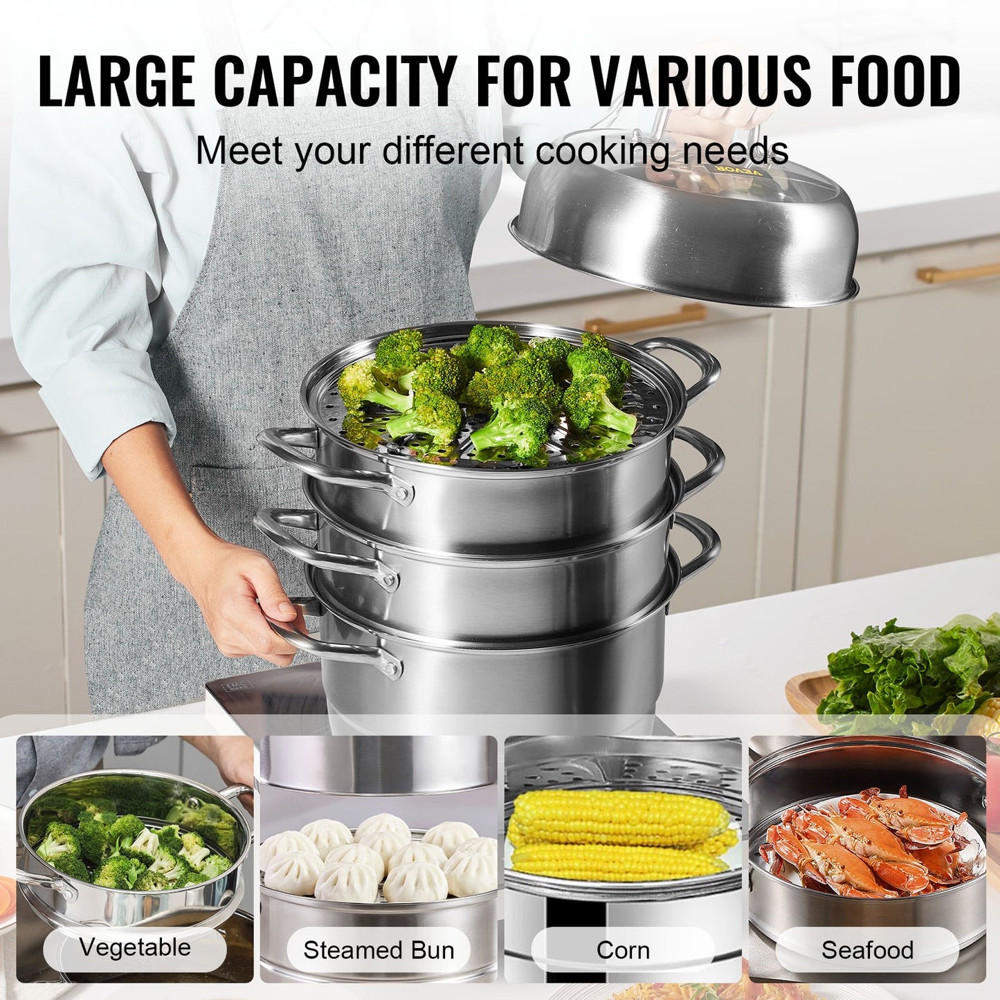 Dumpling Steamer Rostfritt stål 5 Titers Rostfri Steel Steamer Work For Cooking 30cm/11,8inch Food Steamer Pot med gas Elektrisk Grill spis (Dia 30cm)