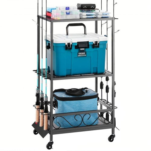 10-Pole Fishing Rod Holder Fishing Rack Garage Wheel Cart Organizer