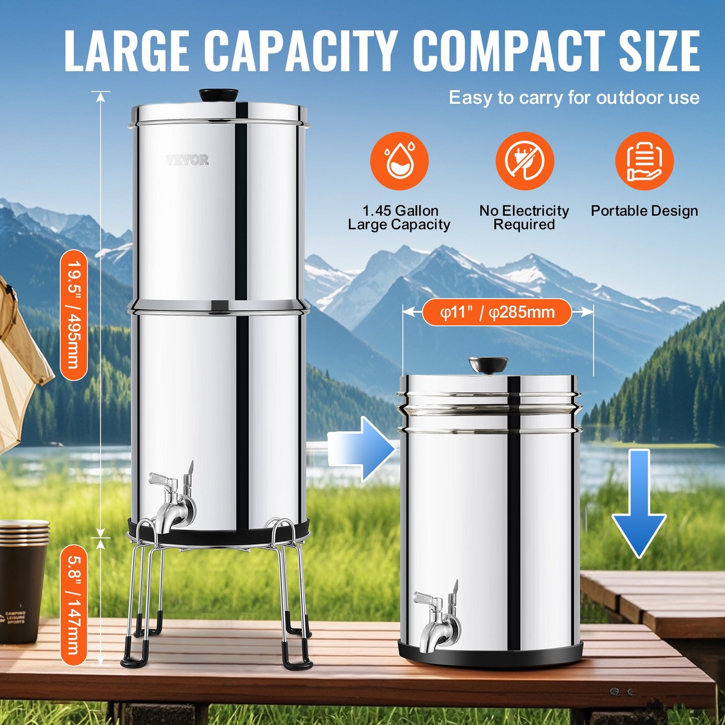 2.25G Gravity-matat vattenfilter bänkskivasystem rostfritt stål 2 filter