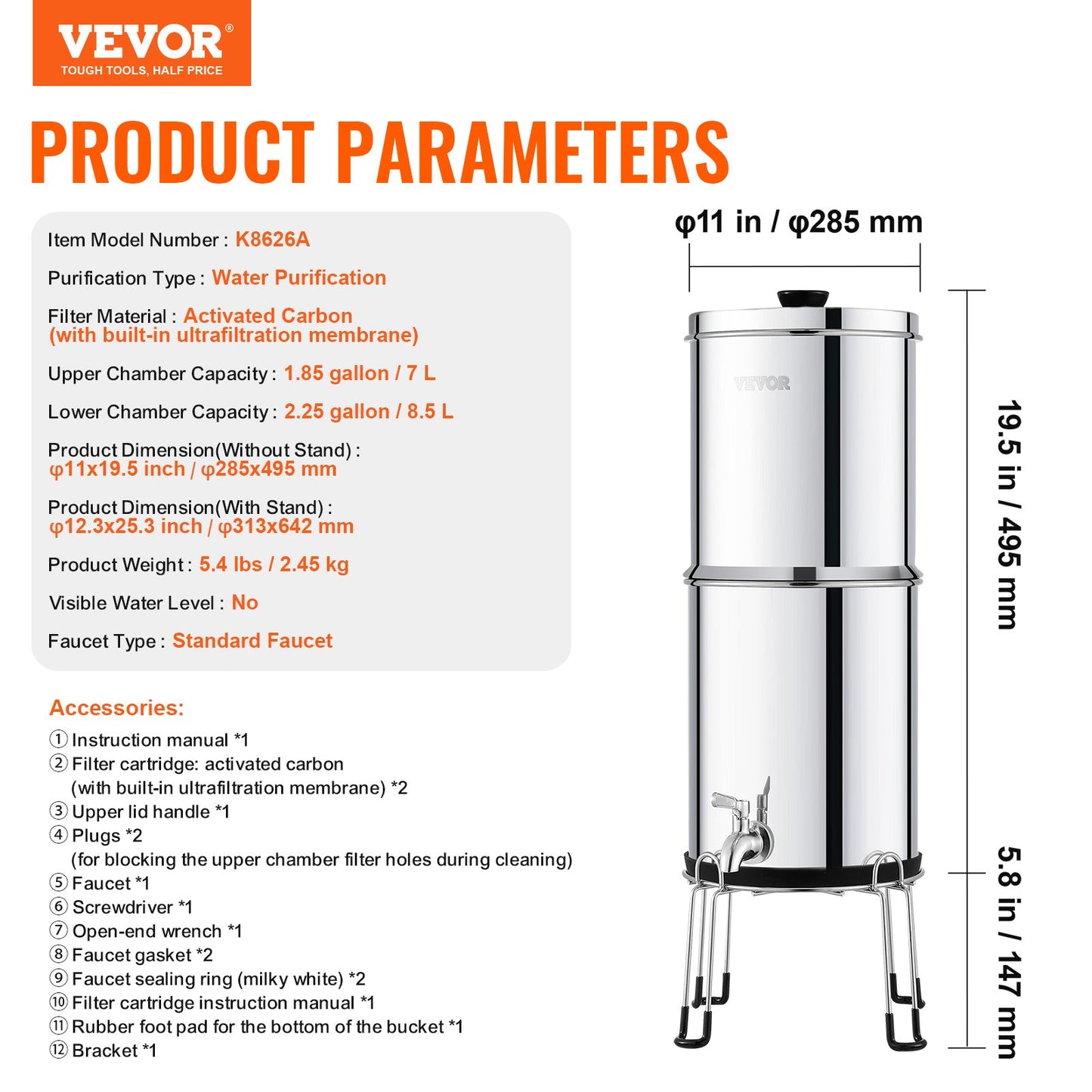 2.25G Gravity-matat vattenfilter bänkskivasystem rostfritt stål 2 filter