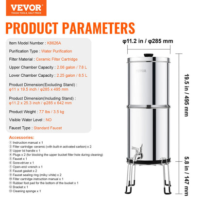 2.25G Gravity-matat vattenfilter bänkskivasystem rostfritt stål 2 filter