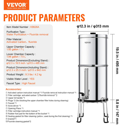 2.25G Gravity-matat vattenfilter bänkskivasystem rostfritt stål 4 filter