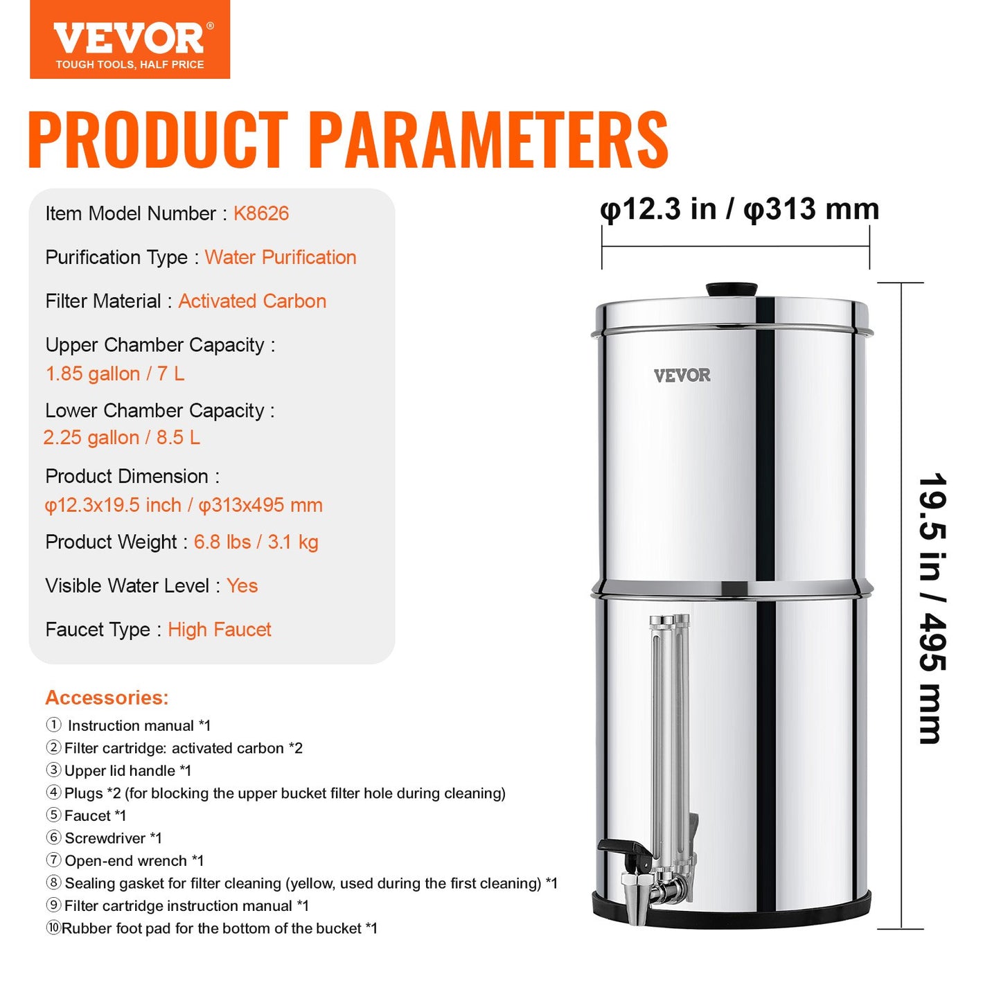 2.25G Gravity-matat vattenfilter bänkskivasystem rostfritt stål 2 filter