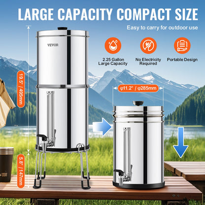 2.25G Gravity-matat vattenfilter bänkskivasystem rostfritt stål 2 filter