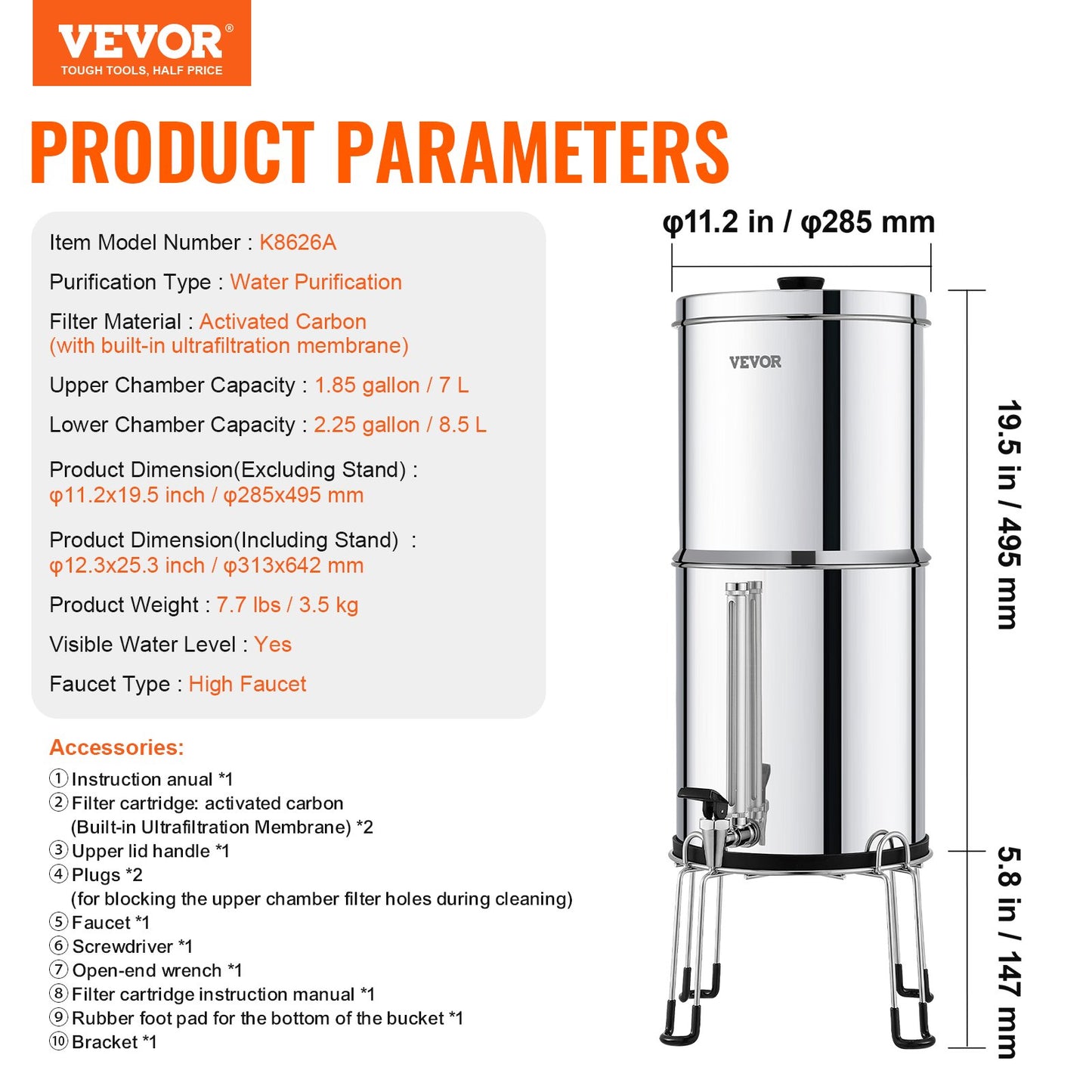 2.25G Gravity-matat vattenfilter bänkskivasystem rostfritt stål 2 filter