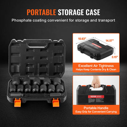 Shaft Nut Impact Socket Set 1/2" Drive Deep 6+12-Points 14PCS Metric Socket