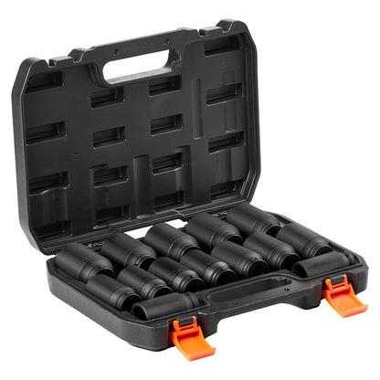 Shaft Nut Impact Socket Set 1/2" Drive Deep 6+12-Points 14PCS Metric Socket