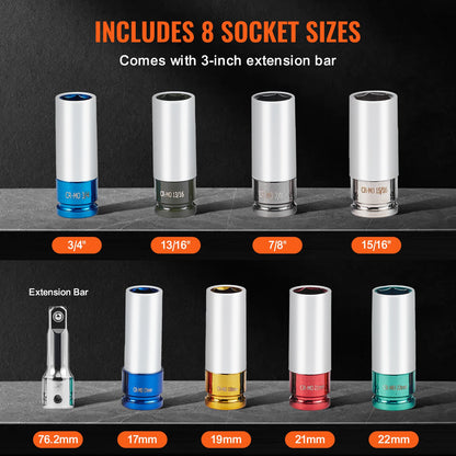 Lug Nut Impact Socket Set 1/2 in Drive Metric and SAE 6-Point Deep Socket