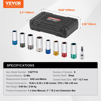 Lug Nut Impact Socket Set 1/2 in Drive Metric and SAE 6-Point Deep Socket