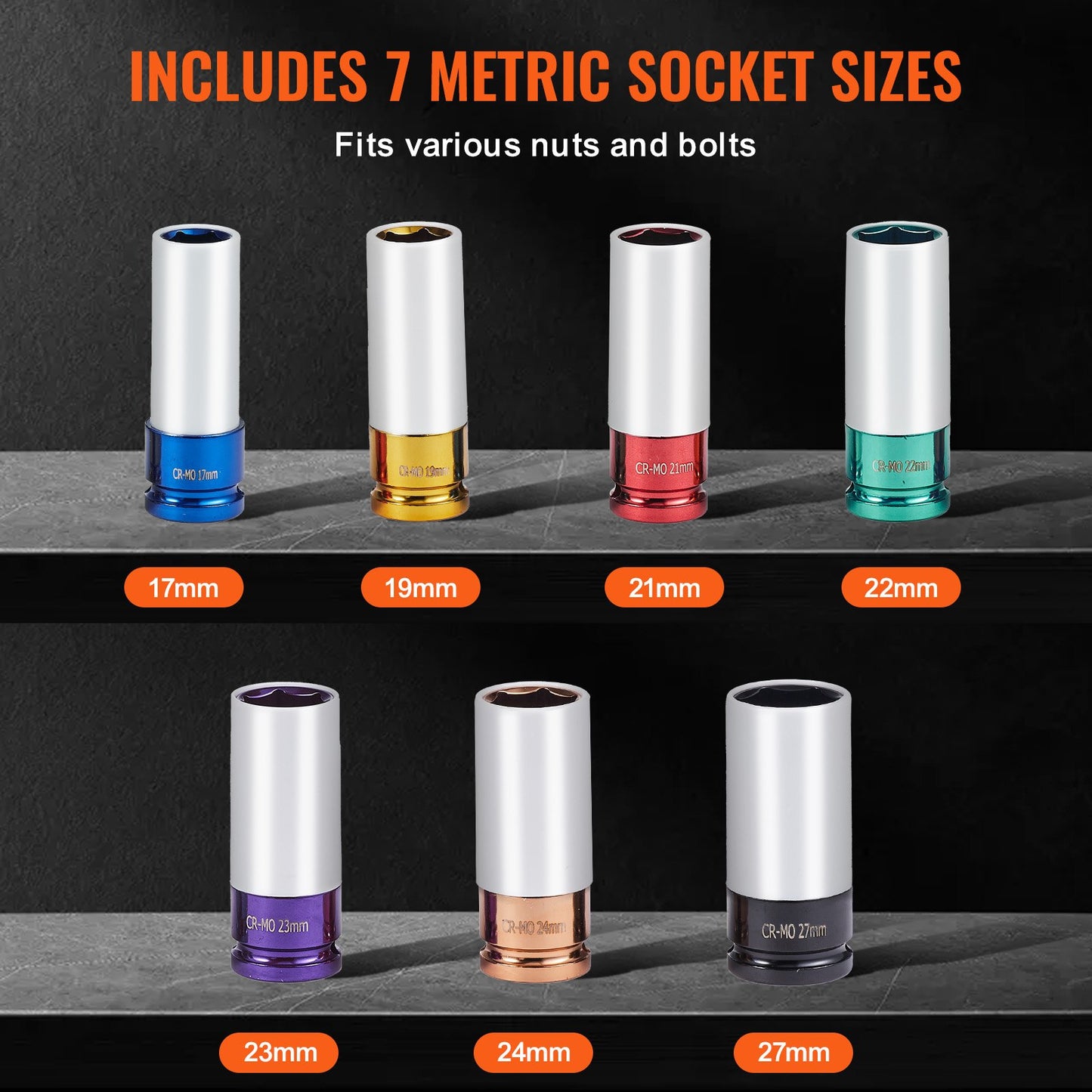 Slagmutter Slaghylsa Set 1/2 in Drive Metrisk 6-punkts djuphylsa 7PCS