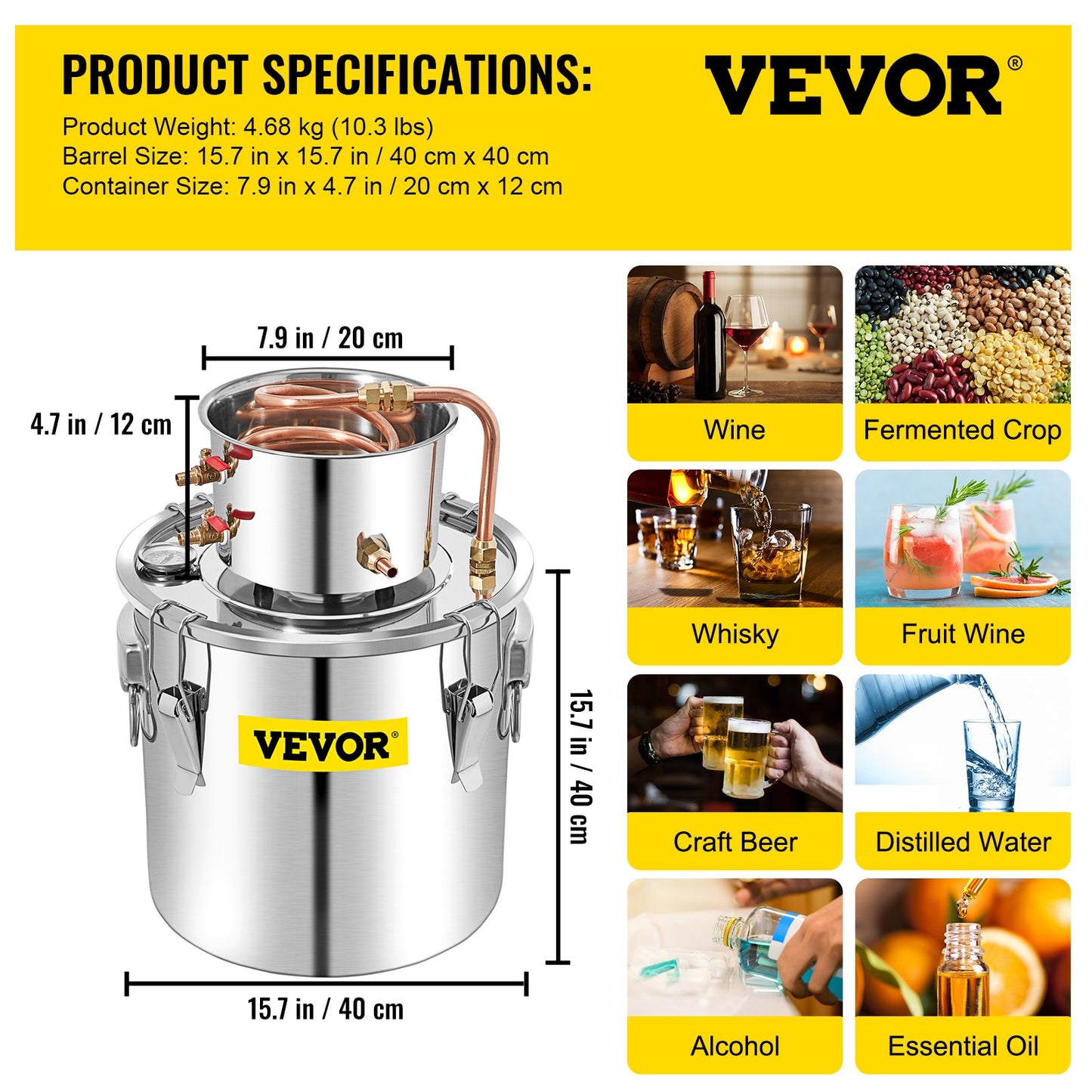 Alcohol Still, 50L rostfritt stål vattenalkoholdestillerare med kondensor, 13,2 Gal vinkokare med kopparrör, hembryggningssats med inbyggd termometer