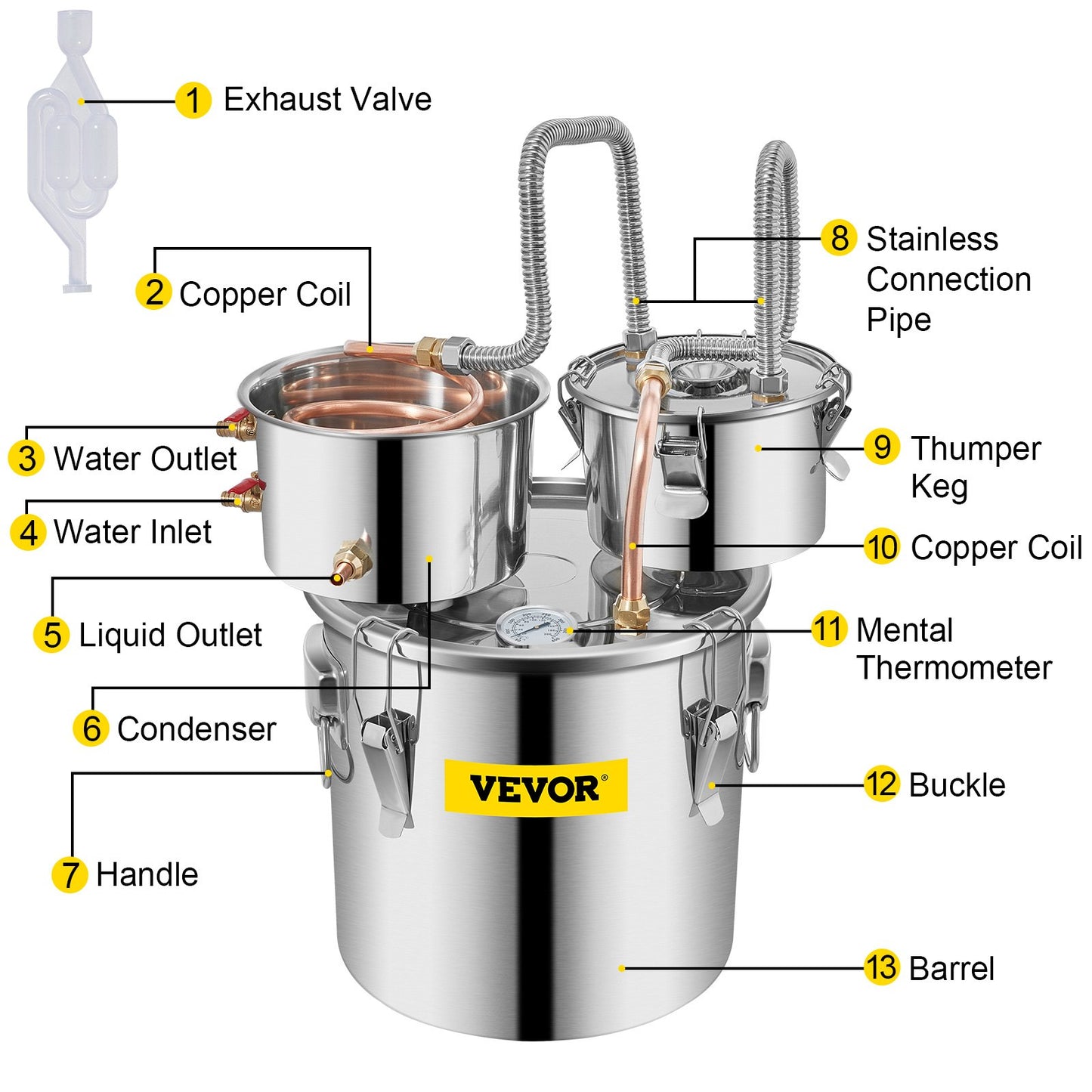 Moonshine Still Distiller 3Gal 12L rostfritt stål vattendestillator kopparrör med cirkulationspump Hembryggningssats Inbyggd termometer