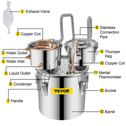 Moonshine Still Distiller 3Gal 12L rostfritt stål vattendestillator kopparrör med cirkulationspump Hembryggningssats Inbyggd termometer