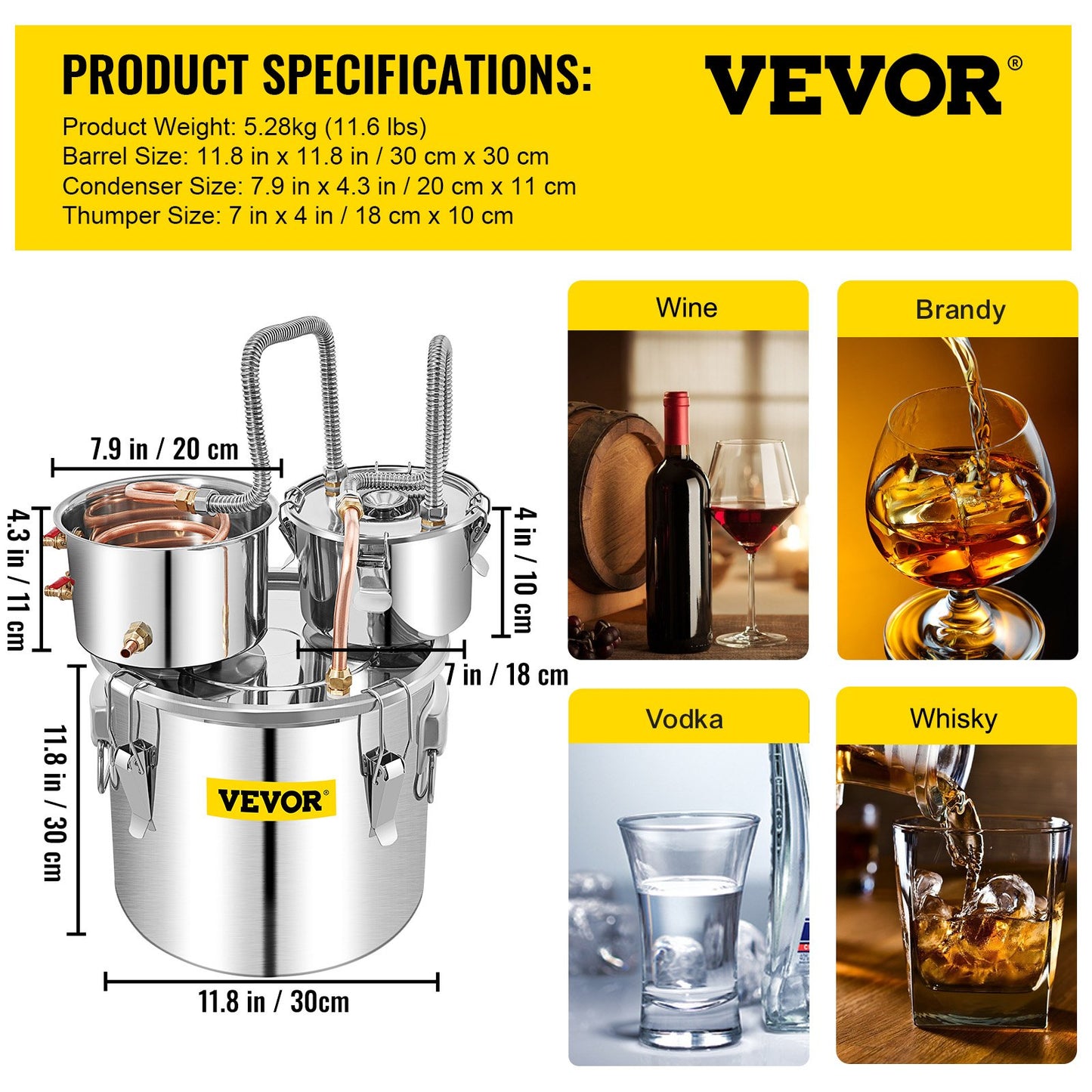 Moonshine Still Distiller 5Gal 21L rostfritt stål vattendestillator kopparrör med cirkulationspump Hembryggningssats Inbyggd termometer