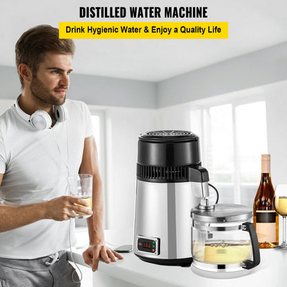 Silbernes Wasserdestilliergerät, 750 W, Wasserdestilliergerät mit einstellbarer Temperatur, 4 l, Weinherstellungsset, Brauset, Innendestilliergerät aus Edelstahl mit einstellbarer Temperatur für die Küche zu Hause