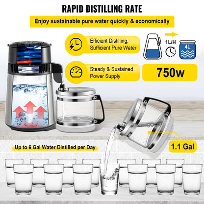 Silbernes Wasserdestilliergerät, 750 W, Wasserdestilliergerät mit einstellbarer Temperatur, 4 l, Weinherstellungsset, Brauset, Innendestilliergerät aus Edelstahl mit einstellbarer Temperatur für die Küche zu Hause