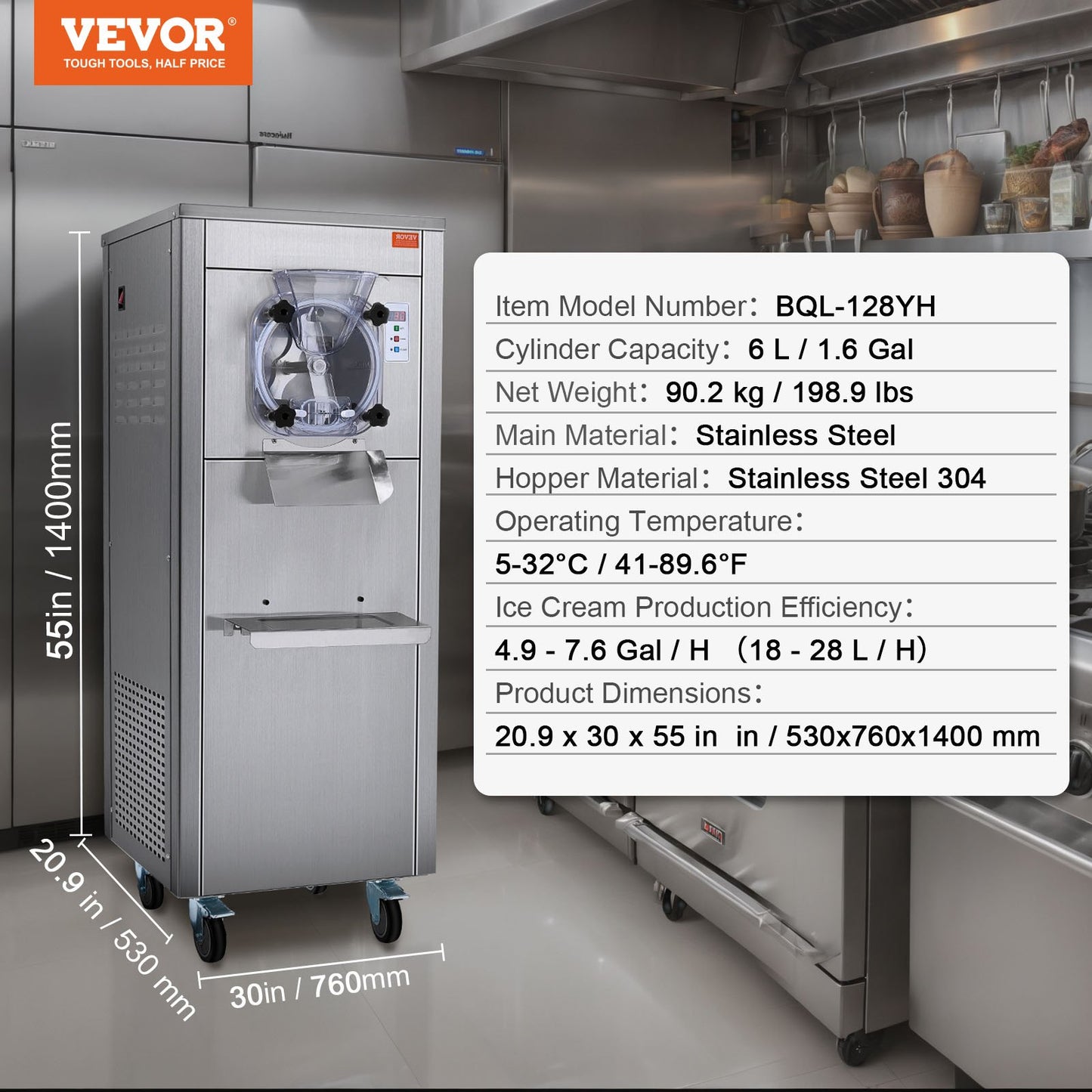 Commercial Hard Serve Ice Cream Machine Maker 18 L/H Ge enkel smak