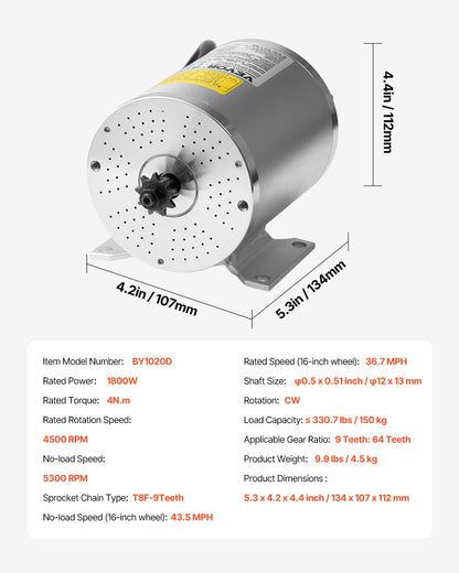 1800W Electric Brushless DC Motor 48V 4500rpm Motor for E-Bike Dirt Bike