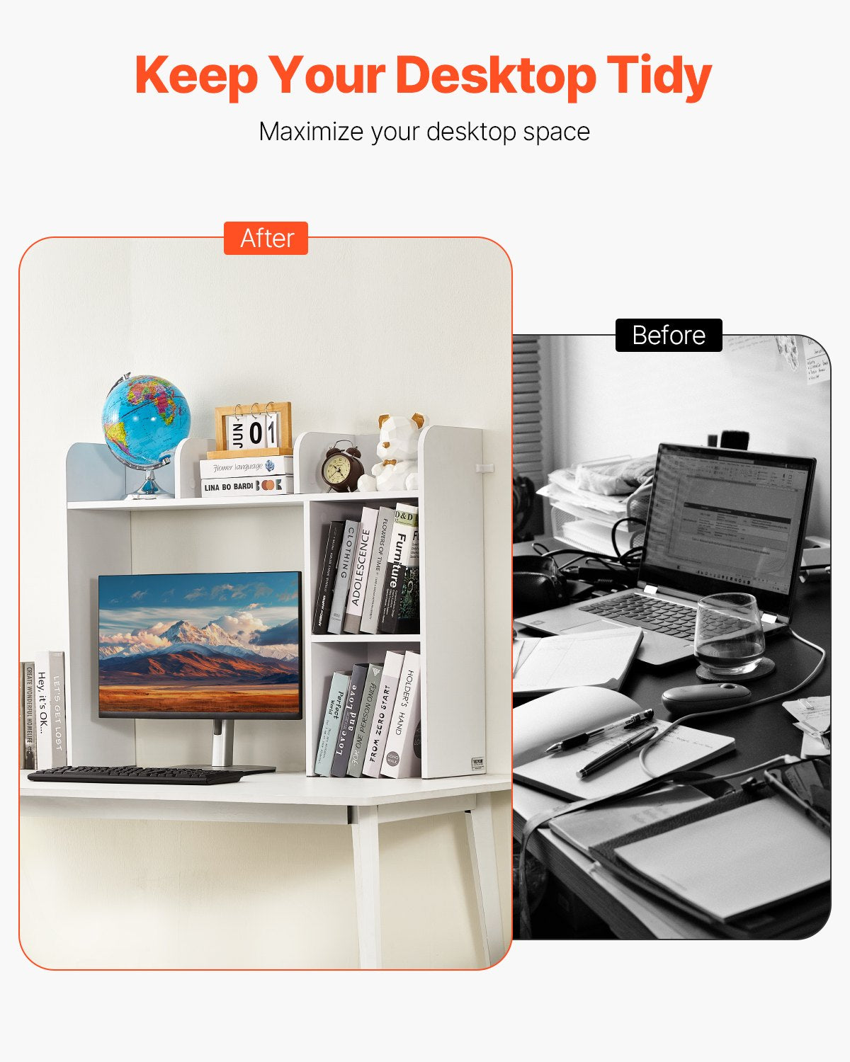 Desktop Bookshelf White Desktop Storage Organizer 2-Tier for Office and Home