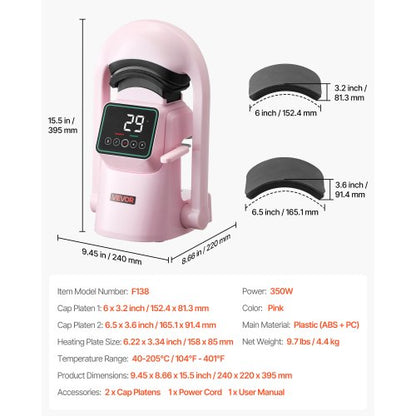 Auto Hat värmepressmaskin 2 st utbytbara plattor pekskärm rosa