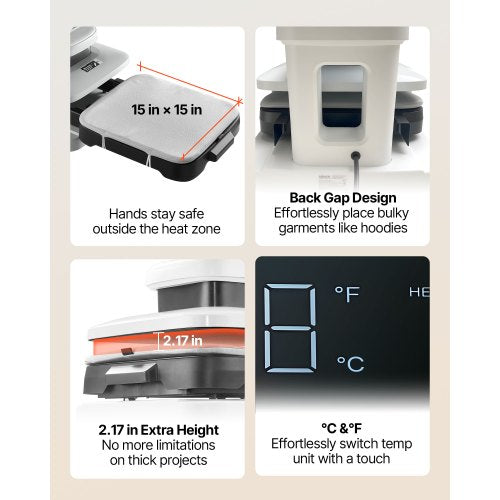 automatisk värmepress, 38 x 38 cm, T-shirtpress med automatisk frigöring och justerbart tryck, digital display, snabb uppvärmning, för sublimering, vinyl, värmeöverföringsprojekt, vit |  EU