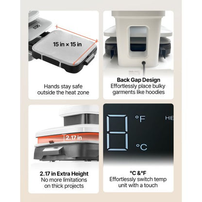 automatisk värmepress, 38 x 38 cm, T-shirtpress med automatisk frigöring och justerbart tryck, digital display, snabb uppvärmning, för sublimering, vinyl, värmeöverföringsprojekt, vit |  EU