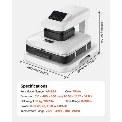 automatisk värmepress, 38 x 38 cm, T-shirtpress med automatisk frigöring och justerbart tryck, digital display, snabb uppvärmning, för sublimering, vinyl, värmeöverföringsprojekt, vit |  EU