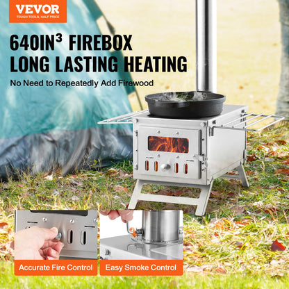Vedspis, 80 tum, campingtältspis i rostfritt stål, bärbar vedspis med skorstensrör och handskar, 700in³Firebox Hot Tent-spis för matlagning utomhus och uppvärmning med 8 rör