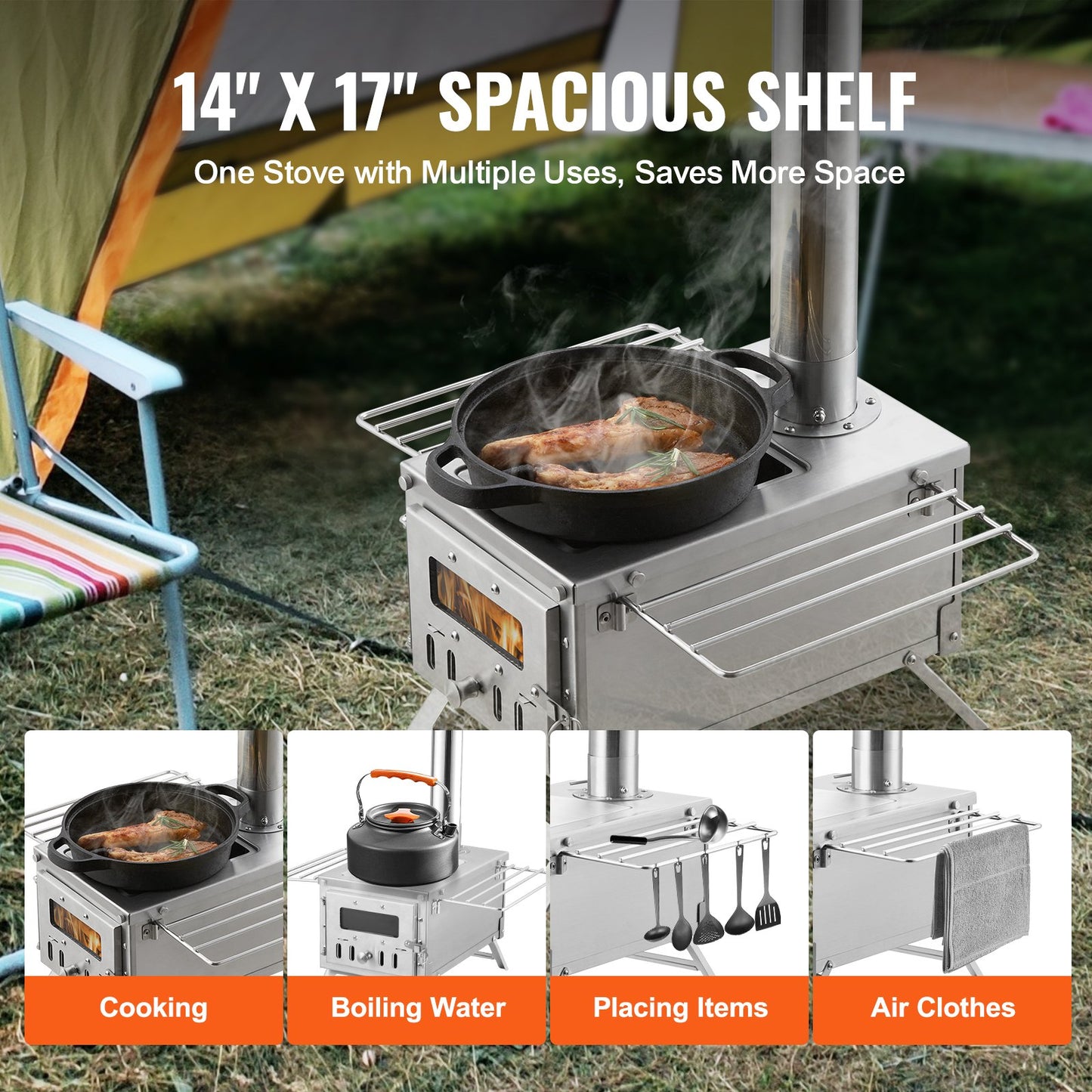 Vedspis, 80 tum, campingtältspis i rostfritt stål, bärbar vedspis med skorstensrör och handskar, 700in³Firebox Hot Tent-spis för matlagning utomhus och uppvärmning med 8 rör
