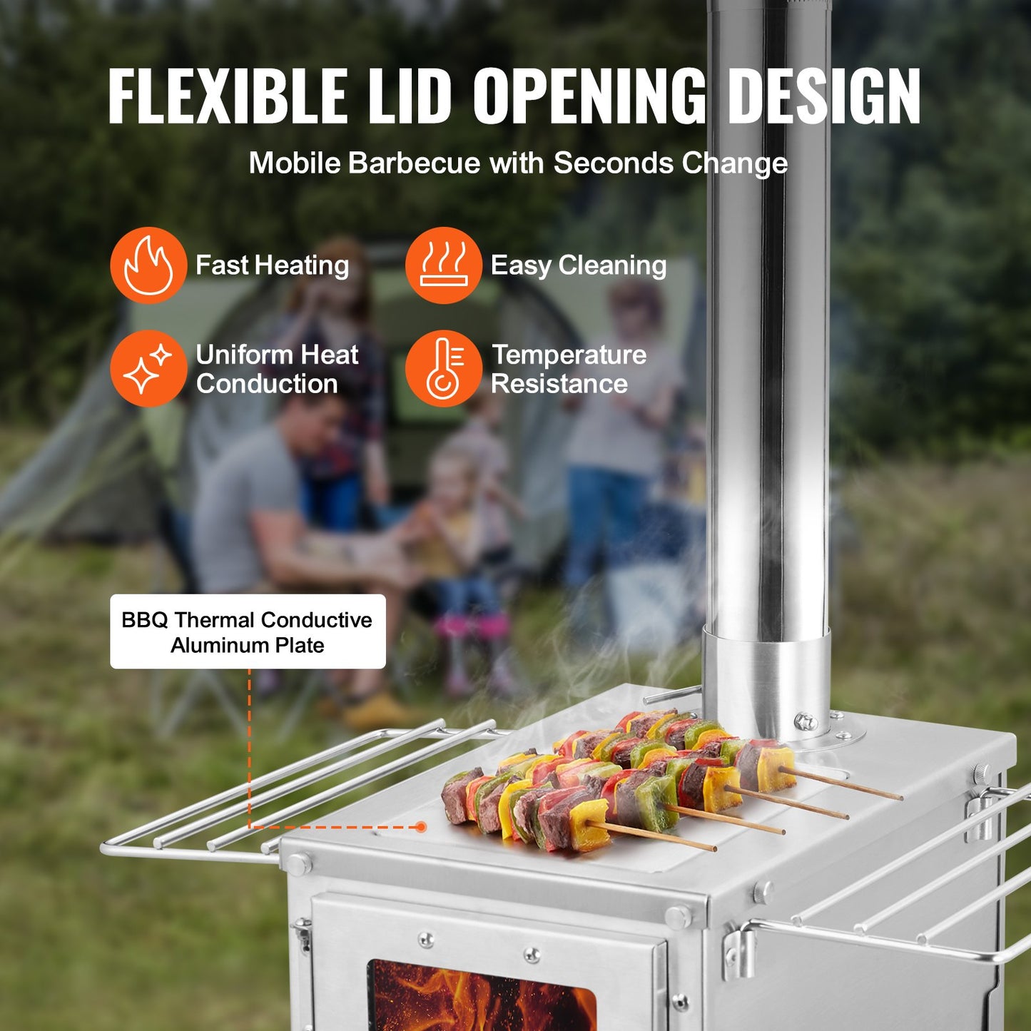 Vedspis, 80 tum, campingtältspis i rostfritt stål, bärbar vedspis med skorstensrör och handskar, 700in³Firebox Hot Tent-spis för matlagning utomhus och uppvärmning med 8 rör