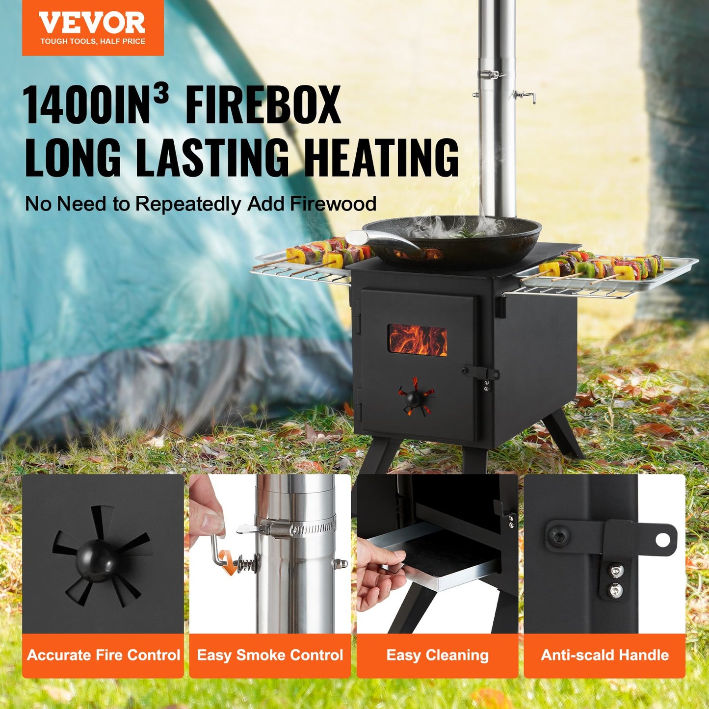 Vedspis, 86 tum, campingtältspis i legerat stål, portabel vedspis med skorstensrör och handskar, 1400in³Firebox Hot Tent-spis för matlagning utomhus och uppvärmning med 8 rör