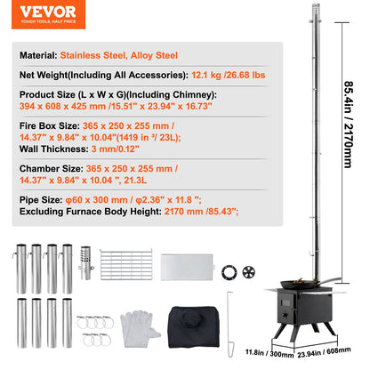 Vedspis, 86 tum, campingtältspis i legerat stål, portabel vedspis med skorstensrör och handskar, 1400in³Firebox Hot Tent-spis för matlagning utomhus och uppvärmning med 8 rör