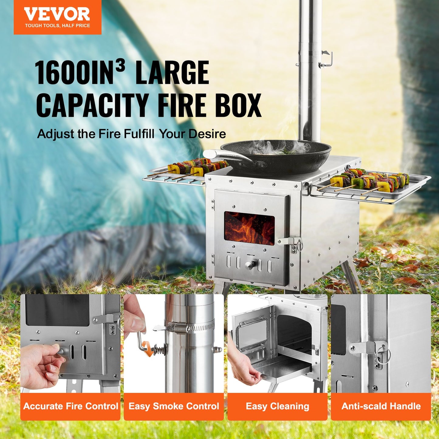 Wood Stove, 86 Inch, Stainless Steel Camping Tent Stove, Portable Wood Burning Stove with Chimney Pipe and Gloves, 3000in³Firebox Hot Tent Stove for Outdoor Cooking and Heating with 8 Pipes