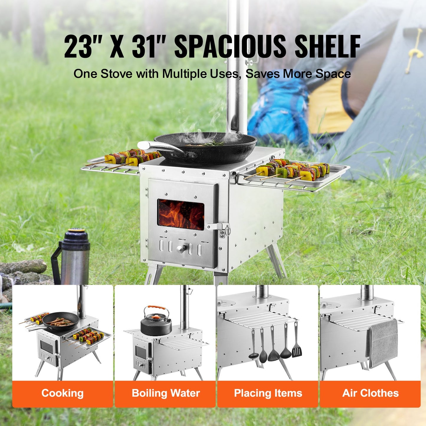 Wood Stove, 86 Inch, Stainless Steel Camping Tent Stove, Portable Wood Burning Stove with Chimney Pipe and Gloves, 3000in³Firebox Hot Tent Stove for Outdoor Cooking and Heating with 8 Pipes