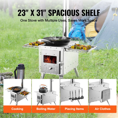 Wood Stove, 86 Inch, Stainless Steel Camping Tent Stove, Portable Wood Burning Stove with Chimney Pipe and Gloves, 3000in³Firebox Hot Tent Stove for Outdoor Cooking and Heating with 8 Pipes