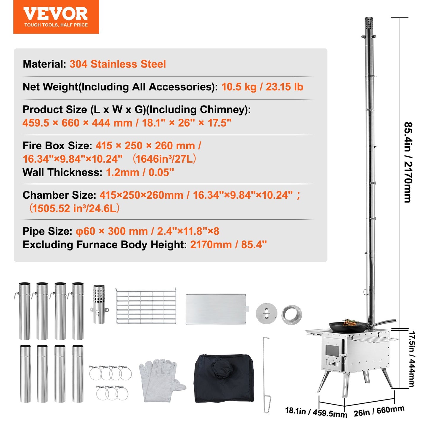 Wood Stove, 86 Inch, Stainless Steel Camping Tent Stove, Portable Wood Burning Stove with Chimney Pipe and Gloves, 3000in³Firebox Hot Tent Stove for Outdoor Cooking and Heating with 8 Pipes