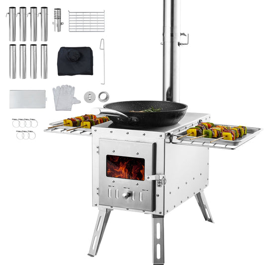 Wood Stove, 86 Inch, Stainless Steel Camping Tent Stove, Portable Wood Burning Stove with Chimney Pipe and Gloves, 3000in³Firebox Hot Tent Stove for Outdoor Cooking and Heating with 8 Pipes