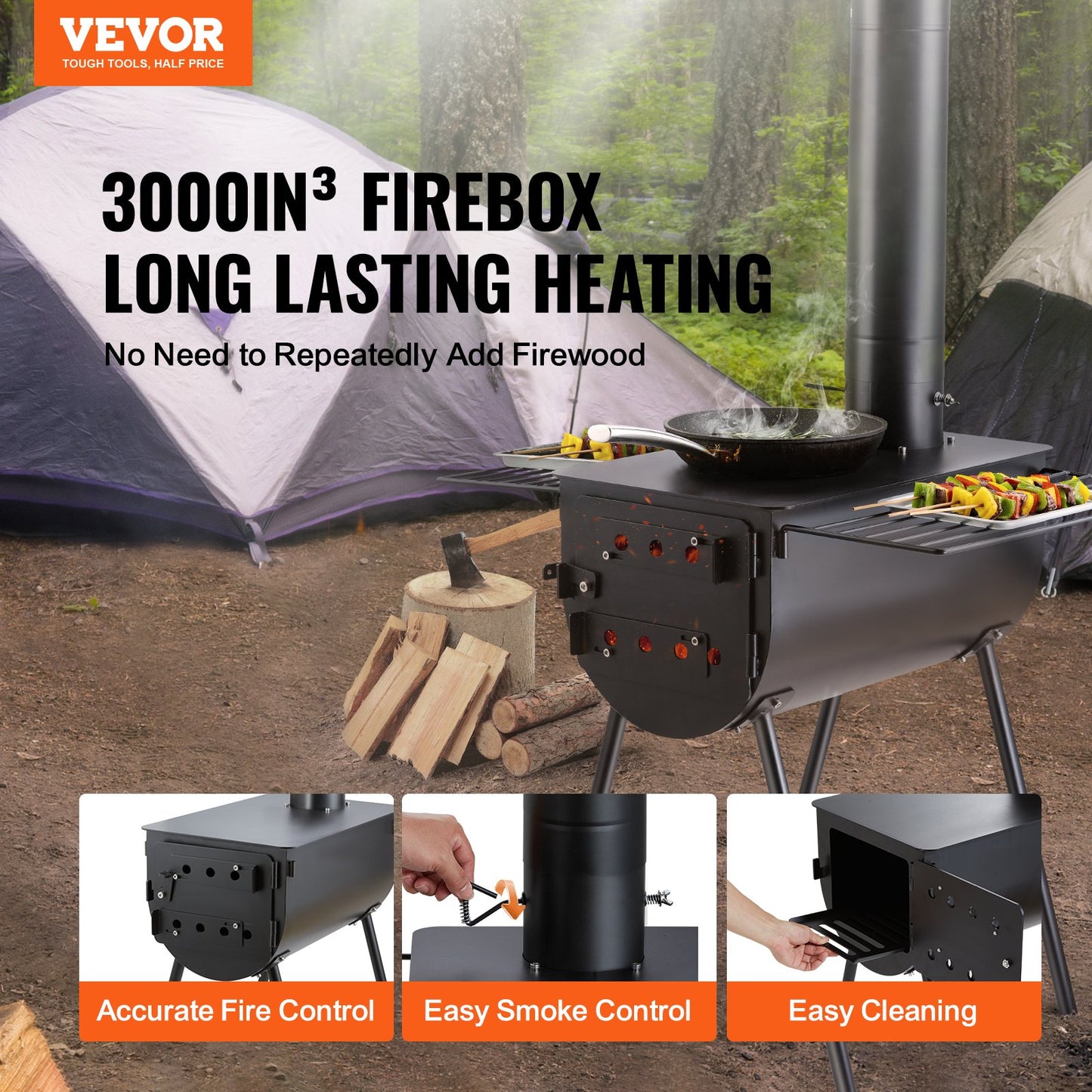 Holzofen, 118 Zoll, Campingzeltofen aus legiertem Stahl, tragbarer Holzofen mit Kaminrohr und Handschuhen, 3000-Zoll-Feuerbox-Heißzeltofen zum Kochen und Heizen im Freien mit 8 Rohren