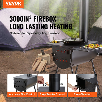 Holzofen, 118 Zoll, Campingzeltofen aus legiertem Stahl, tragbarer Holzofen mit Kaminrohr und Handschuhen, 3000-Zoll-Feuerbox-Heißzeltofen zum Kochen und Heizen im Freien mit 8 Rohren