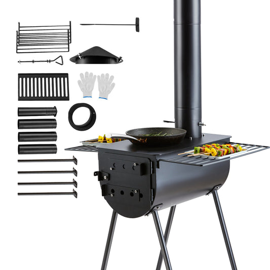 Vedspis, 118 tum, campingtältspis i legerat stål, bärbar vedspis med skorstensrör och handskar, 3000in³Firebox Hot Tent-spis för matlagning utomhus och uppvärmning med 8 rör